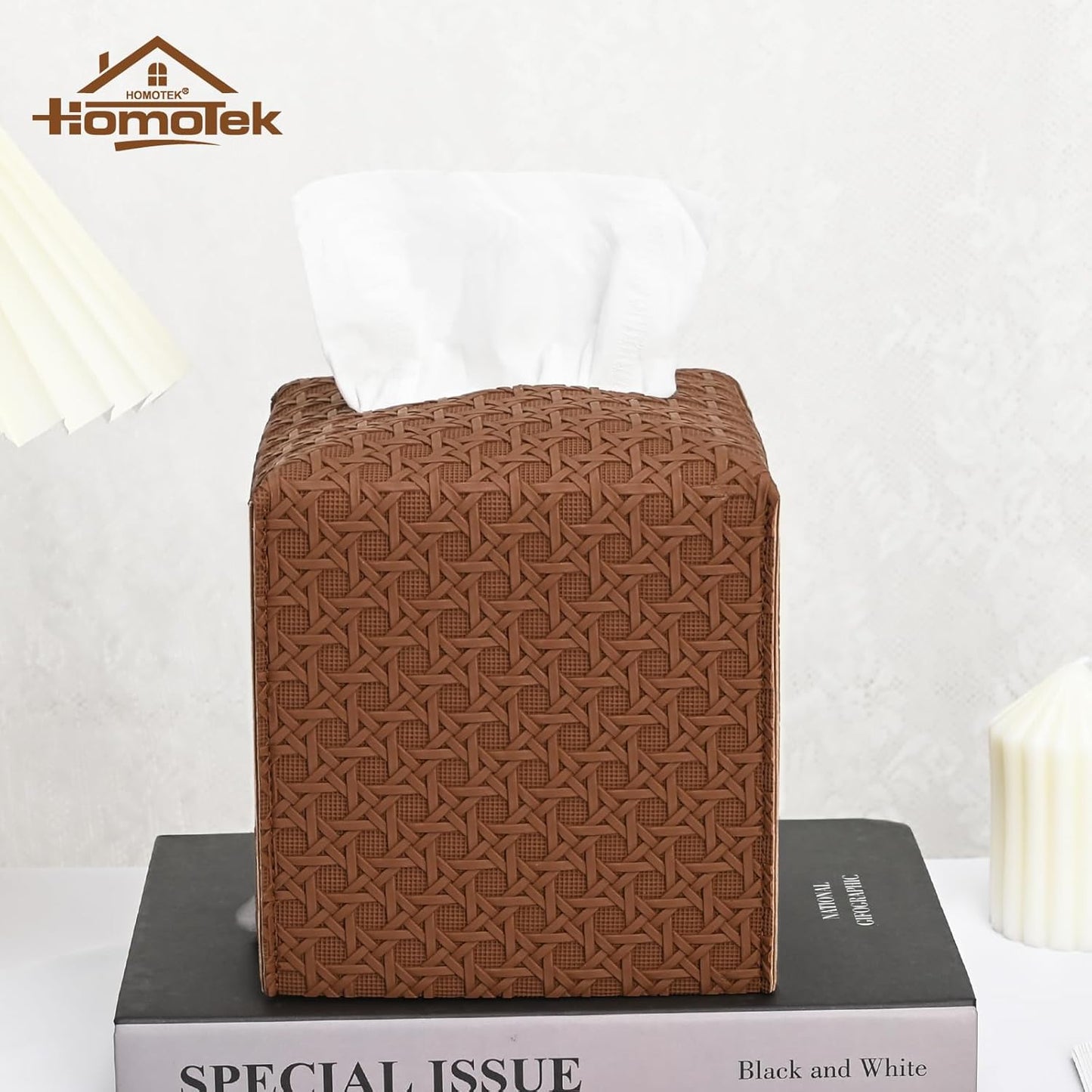 HOMOTEK 2 Pack Tissue Box Cover, Square PU Leather Tissue Holder, Decorative Facial Tissue Cube Paper Organizer Dispenser for Bathroom, Night Stands, Desk, Car 5X5X5'' - Rattan Weave,Chocolate