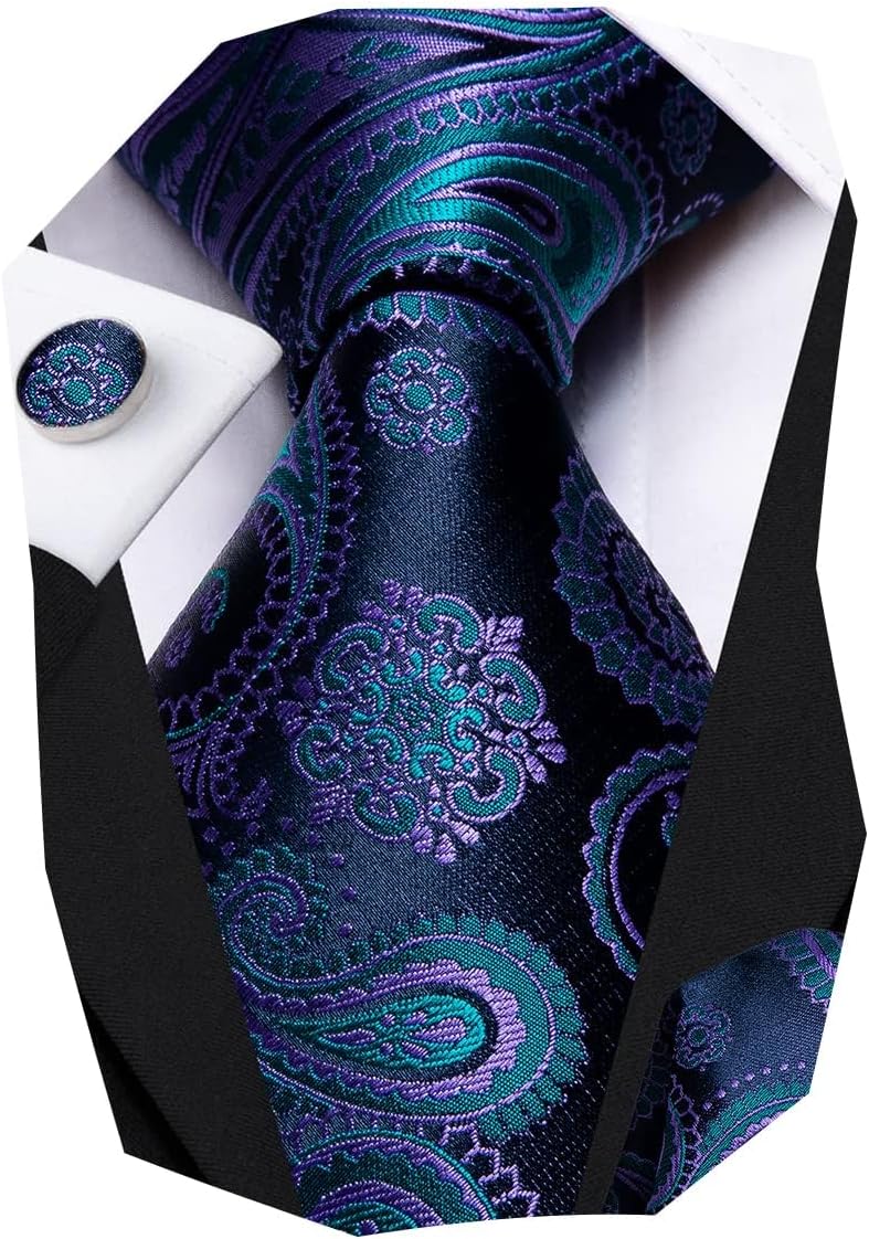 Hi-Tie Men 63inches Tie Set Extra Long Necktie Paisley Tie Pocket Suqare Cufflinks Big and Tall Men Tie
