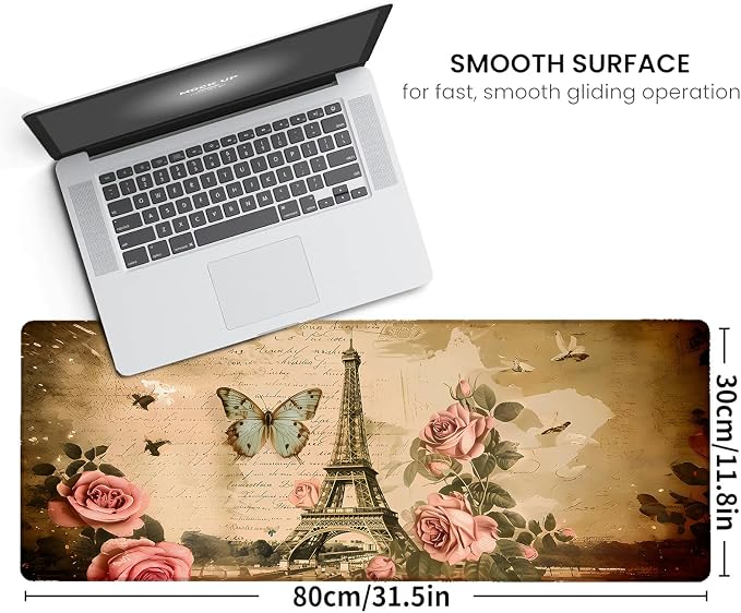 Vintage Paris Large Gaming Mouse Pad, Eiffel Tower Rose Desk Mat, - Image 2