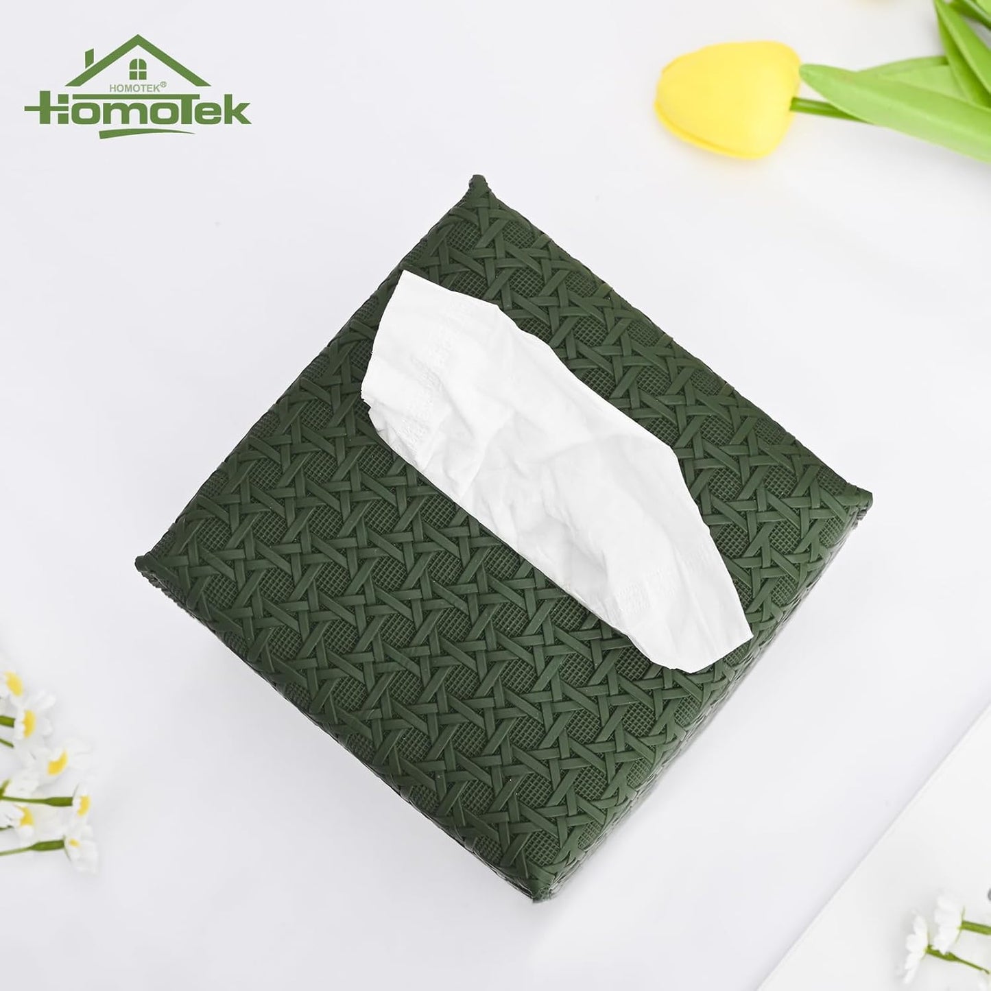 HOMOTEK 2 Pack Tissue Box Cover, Square PU Leather Tissue Holder, Decorative Facial Tissue Cube Paper Organizer Dispenser for Bathroom, Night Stands, Desk, Car 5X5X5'' - Rattan Weave,Emerald Green