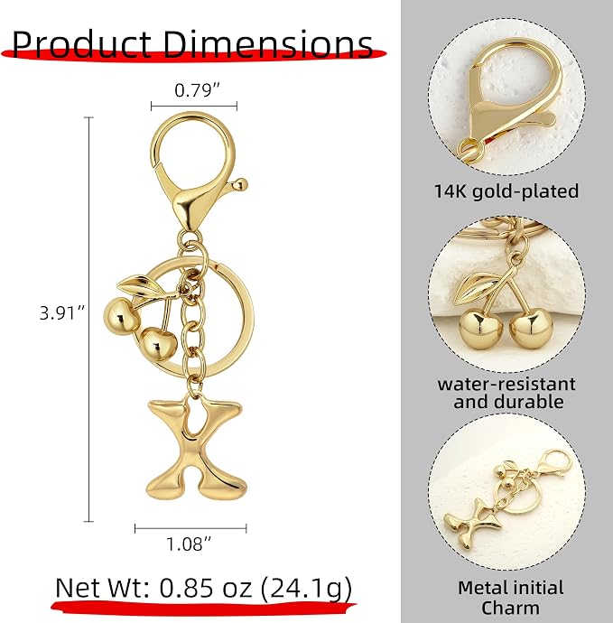 Gold Bubble Heart, Bow & More Designs Letter Initial Keychain Bag Charms – Cute - Image 5