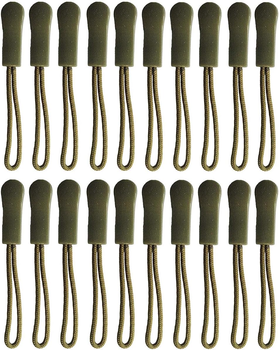 20PCS Replacement Zipper Pulls Zip Cord Puller Slider for Bags Tent Clothes (Army Green)