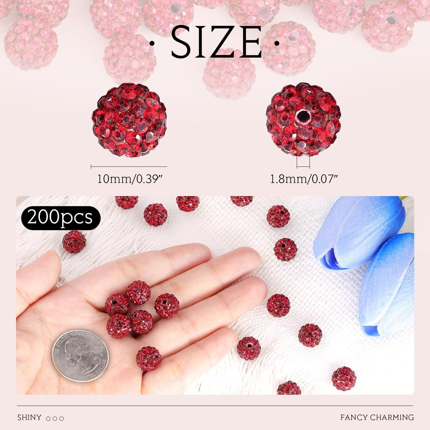 200pcs 10mm Dark Red Rhinestone Beads for Jewelry Making, Shiny Round Shamballa Disco Ball Beads Bulk, Sparkle Crystal Clay Christmas for Bracelet Baseball Necklace Earring Crafting and DIY