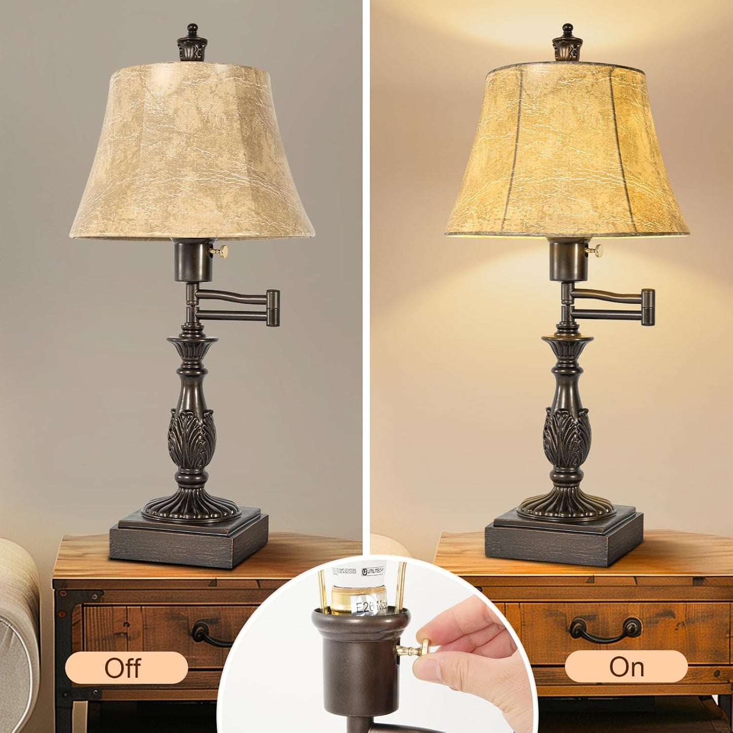 23.5" Rustic Traditional 350° Adjustable Swing Arm Table Lamp Set of 2 with USB A+C Ports Brown Finish Faux Leather Shade Vintage Nightstand lamp for Living Room Bedroom Office (Bulb Included)