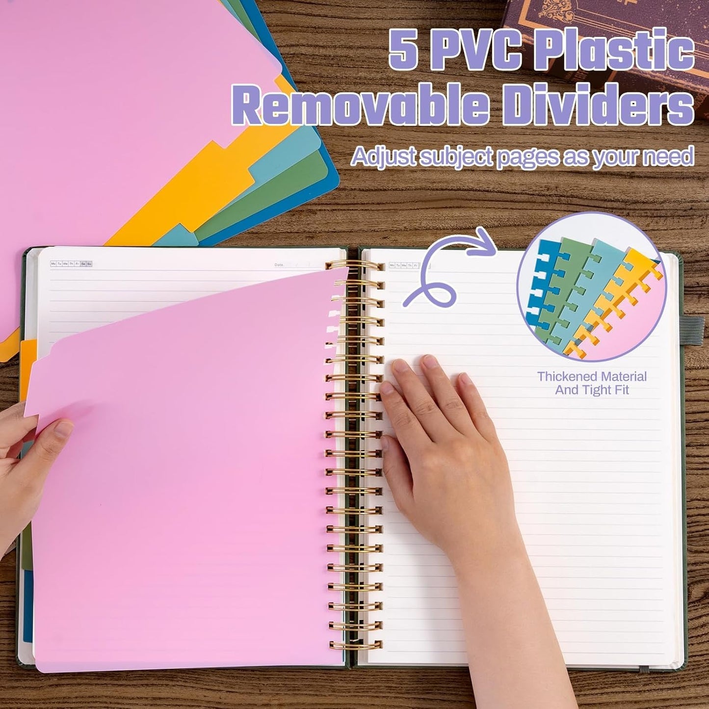 Hardcover Spiral Notebook 8.5" x 11" with 5 Removable Dividers 300 Pages Leather 5 Subject Notebook College Ruled 100GSM Large Spiral Notebooks for Work Thick Lined Journal for Women, Purple