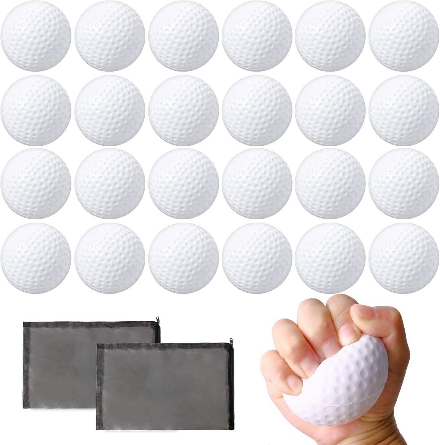 24 Pcs Mini Golf Stress Ball Bulk 2.5 Inch Foam Practice Balls for Stress Relief with 2 Black Mesh Storage Bags Sports Party Favors for Birthday School Carnival Gift