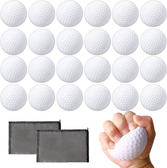 24 Pcs Mini Golf Stress Ball Bulk 2.5 Inch Foam Practice Balls for Stress Relief with 2 Black Mesh Storage Bags Sports Party Favors for Birthday School Carnival Gift