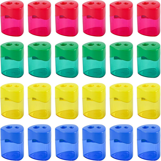 AUSTARK 24Pcs Pencil Sharpener Manual, Assorted Color Small Dual Hole Pencil Sharpeners Bulk with Lid for School Office Home (Triangle-24)