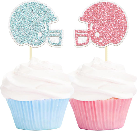 24 Pack Glitter Football Gender Reveal Helmet Cupcake Toppers Picks Boy or Girl Rugby Birthday Cake Toppers for Gender Reveal Baby Shower Birthday Party Decorations (Helmet)