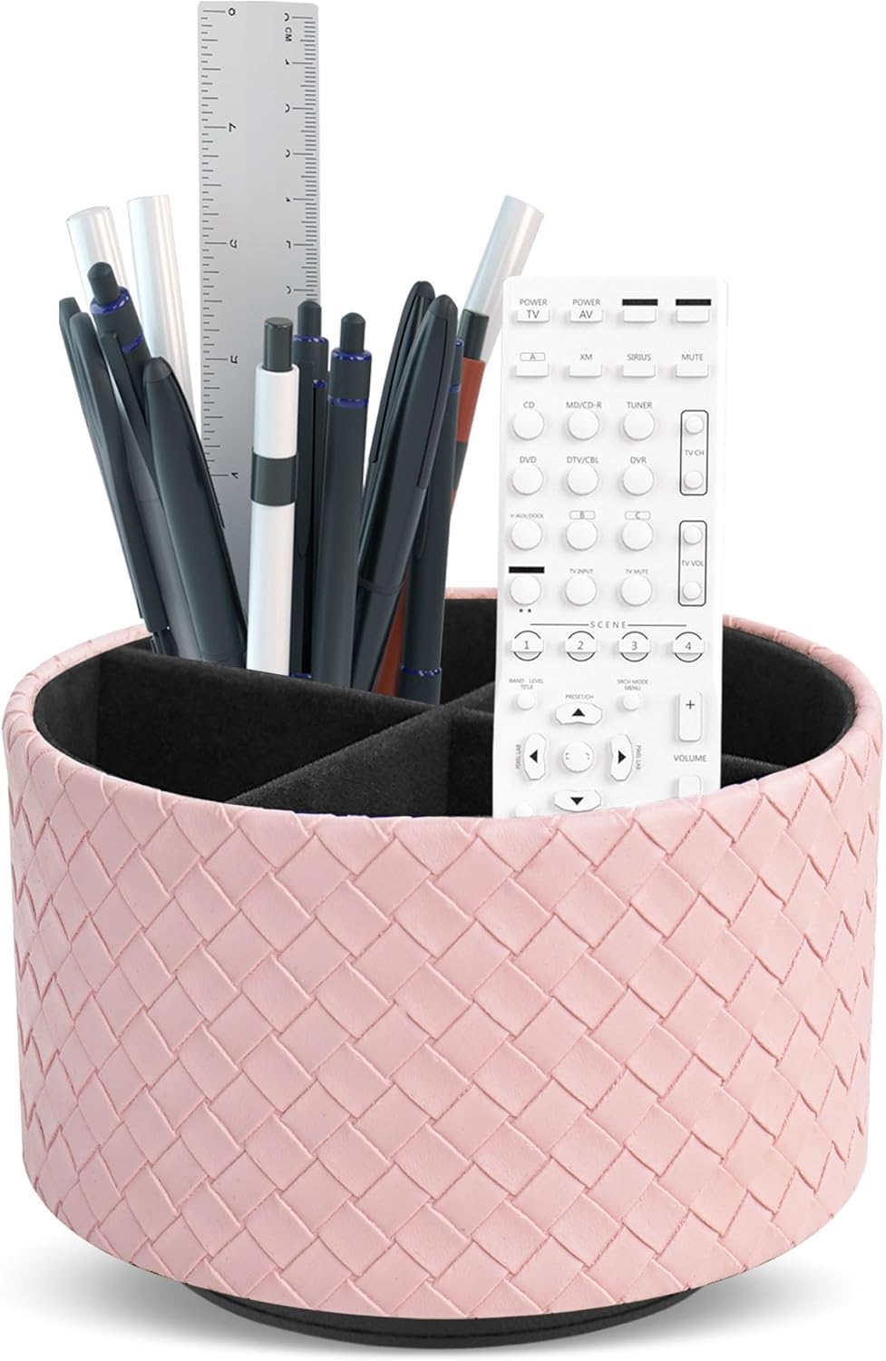 Hennaja Round Leather Art Supply Organizer,Remote Control Holder,360 Degree Spinning,Multi-Functional Pencil Holder,4 Compartments Desktop Stationary Organizer(1-Weave Pink)