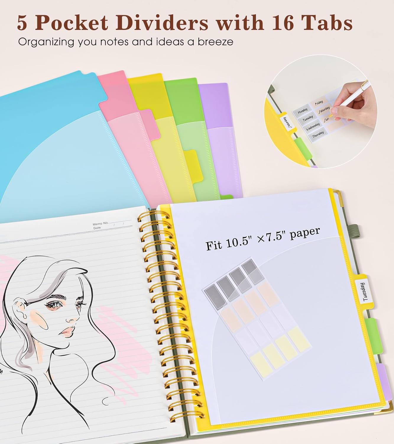 Hardcover Large Spiral Notebook 8.5" x 11" with Removable Dividers Tabs, 300 pages Leather 5 Subject Notebook College Ruled, A4 Journal for Women Men, Notebooks for Work School Note taking, Green