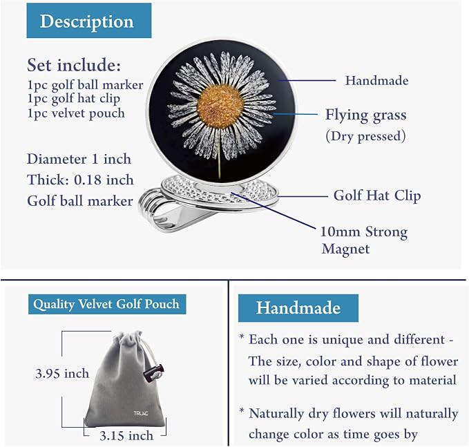 Golf Ball Marker hat Clip with Ball Marker, Handmade Pressed Flower Golf Marker - Image 6