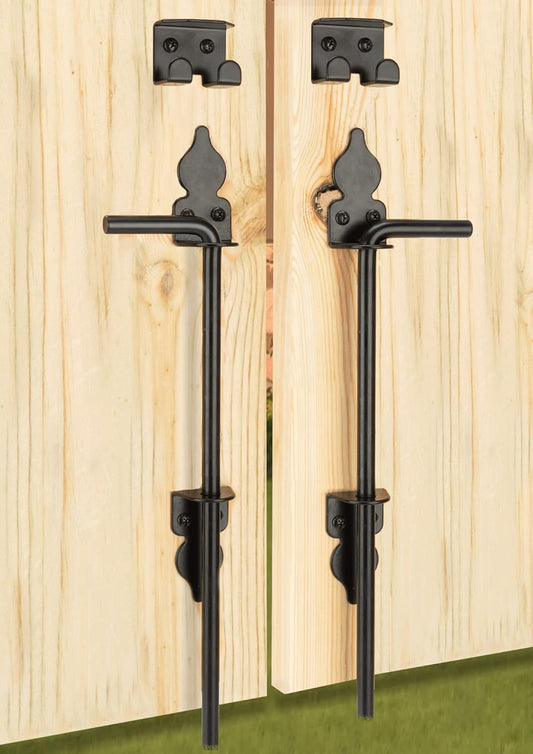 18" Heavy Duty Cane Bolt Gate Drop Rod Hardware Ground Latch for Wood PVC Vinyl Metal Fences Gates, Double Doors, Black Solid Steel -2 Pack