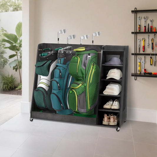 Advanced Wooden Golf Bag Organizer and Storage Rack - can Accommodate 3 Golf Bags and 3-5 Golf Clubs/Hockey Sticks, Golf Balls, Inside and Outside The Garage shed Basement