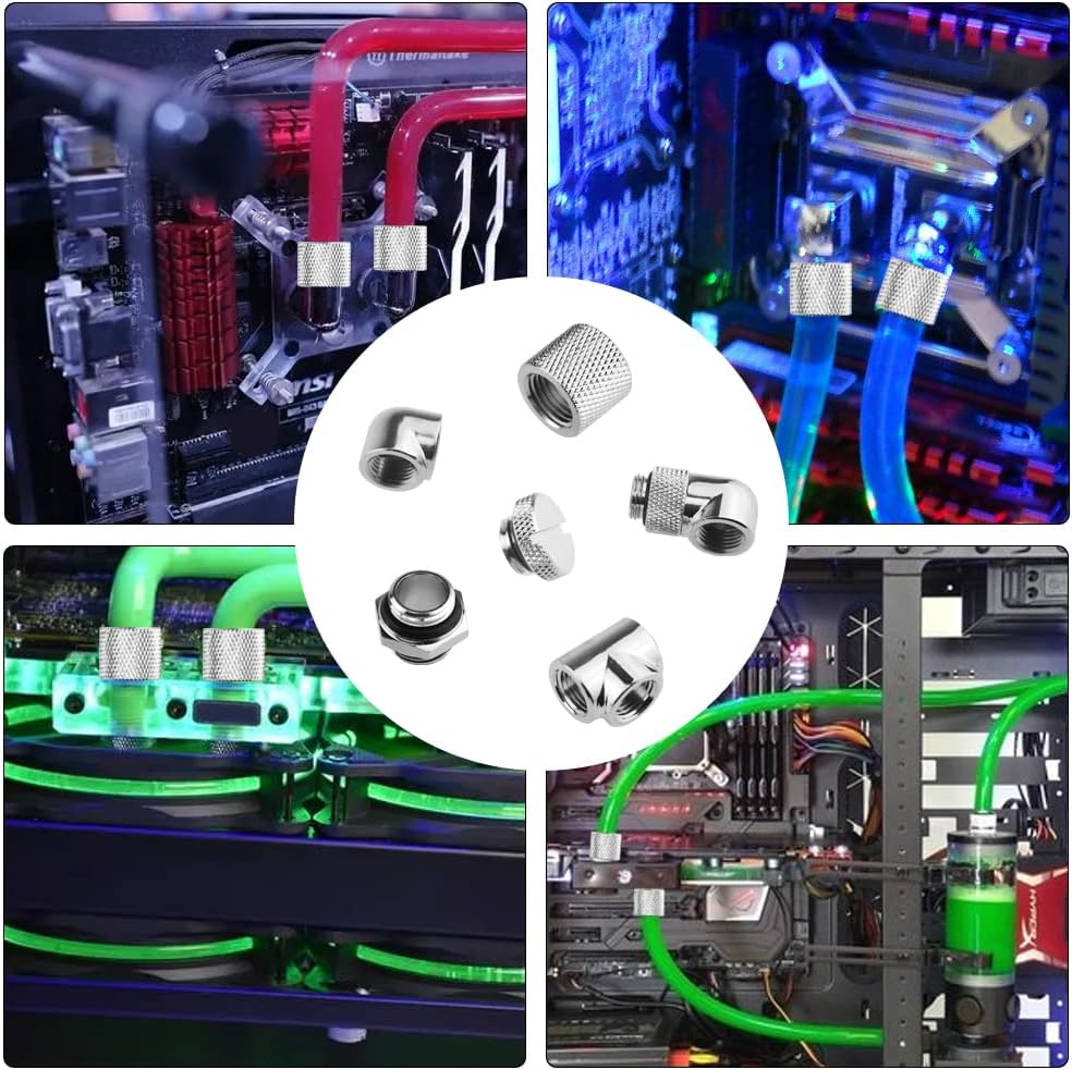 24-Piece Silver Chrome G1/4" Fittings Kit for Custom PC Water Cooling Systems (Silver)