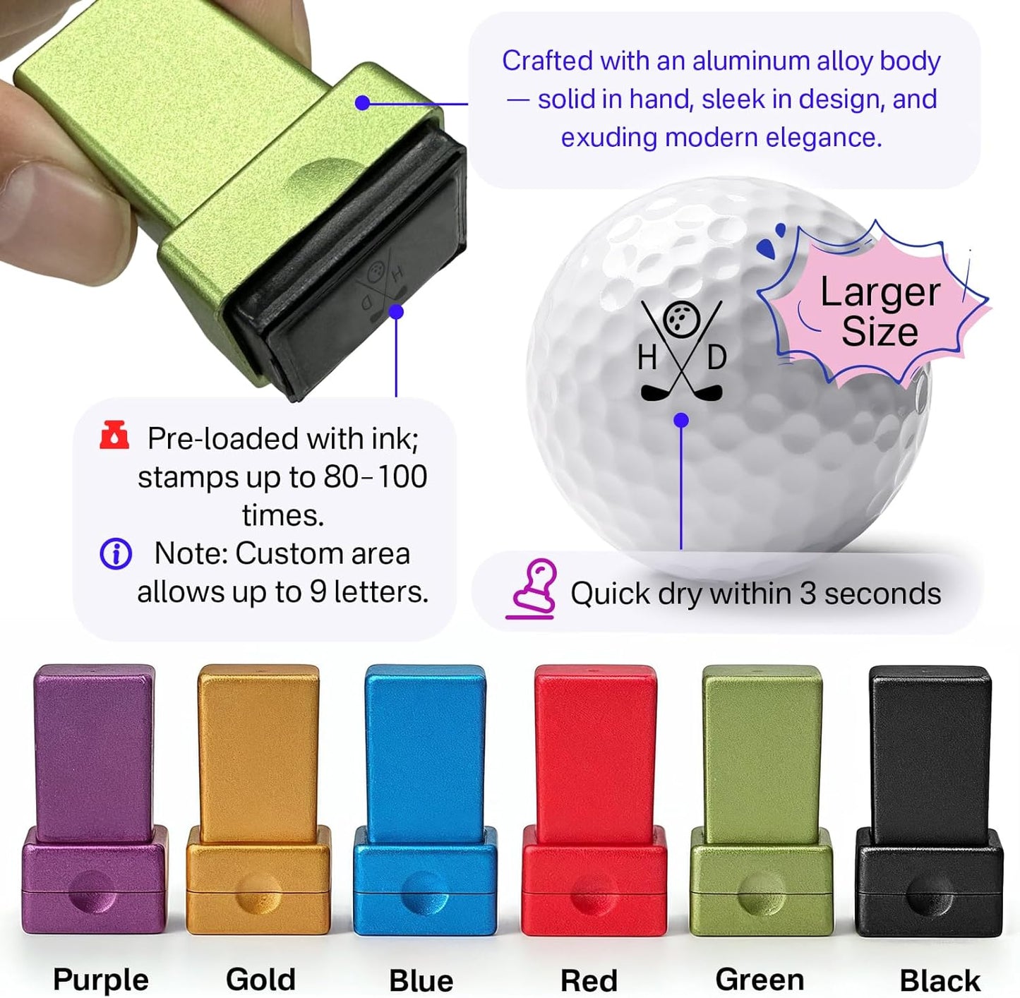 HDSD Custom Golf Ball Stamp - Personalized Monogram Golf Ball Stamper, Quick-Dry Self-Inking Aluminum Alloy, Waterproof Imprint, Ideal Golf Gift for Men Women, Golf Ball Markers