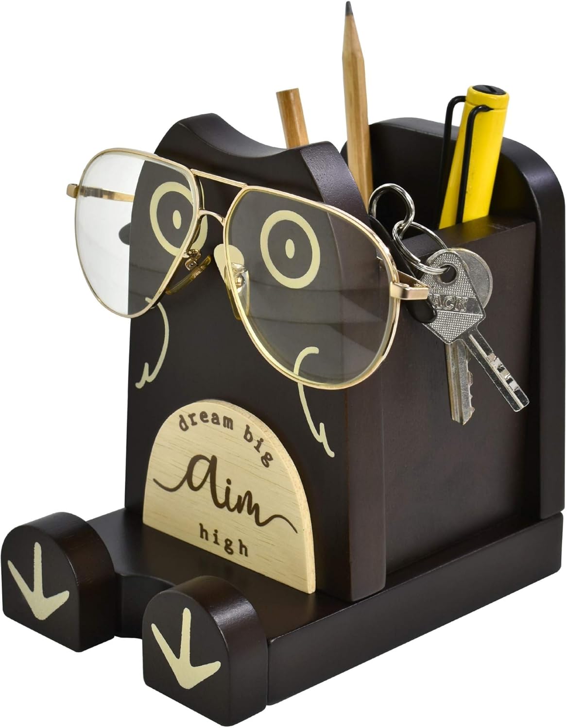 I'm Wood Multipurpose Eyeglass Phone Pen & Pencil Holder Stand Stationery Desk Box Organizer Accessories, Home Office Desktop Decor Birthday Graduation Gifts “Dream Big Aim High” (Owl)