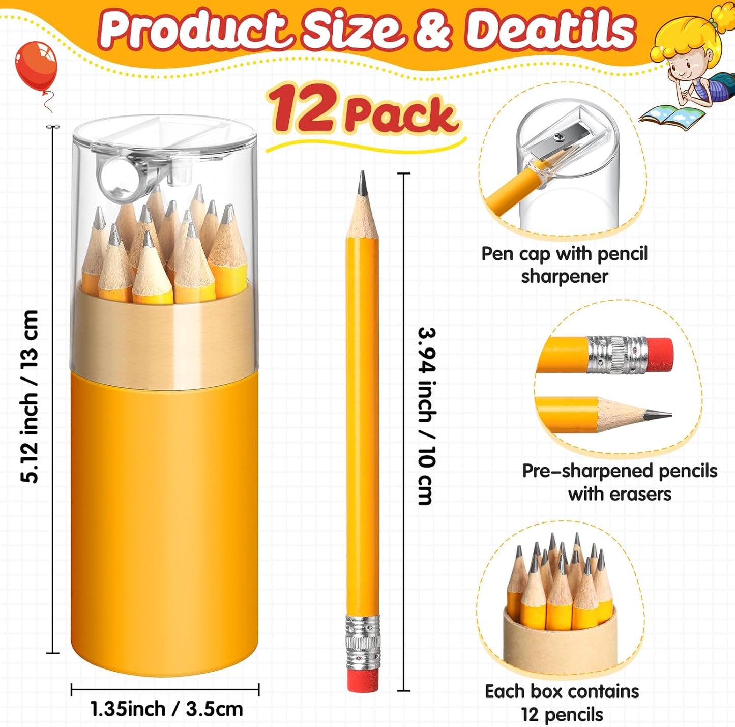 12 Pack Mini Golf Pencils Bulk with Eraser Sharpener 144 Pcs 2hb Pre-sharpened Yellow Half Pencils Short Pencil Gift for Kids Operation Christmas Items Classroom Party Favor Supplies Golf