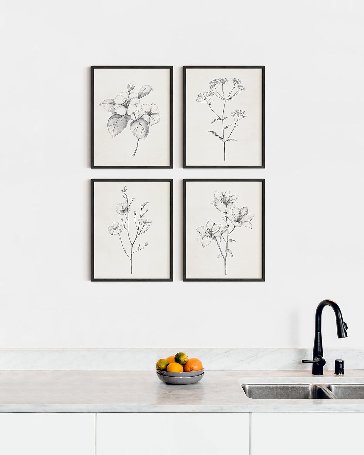 HAUS AND HUES Grey Floral Wall Art - Set of 4 Plant Posters for Wall Vintage, Botanical Prints, Black and White Flower Pictures for Room Aesthetic, Farmhouse Bathroom, Rustic Art (16x20, Unframed)