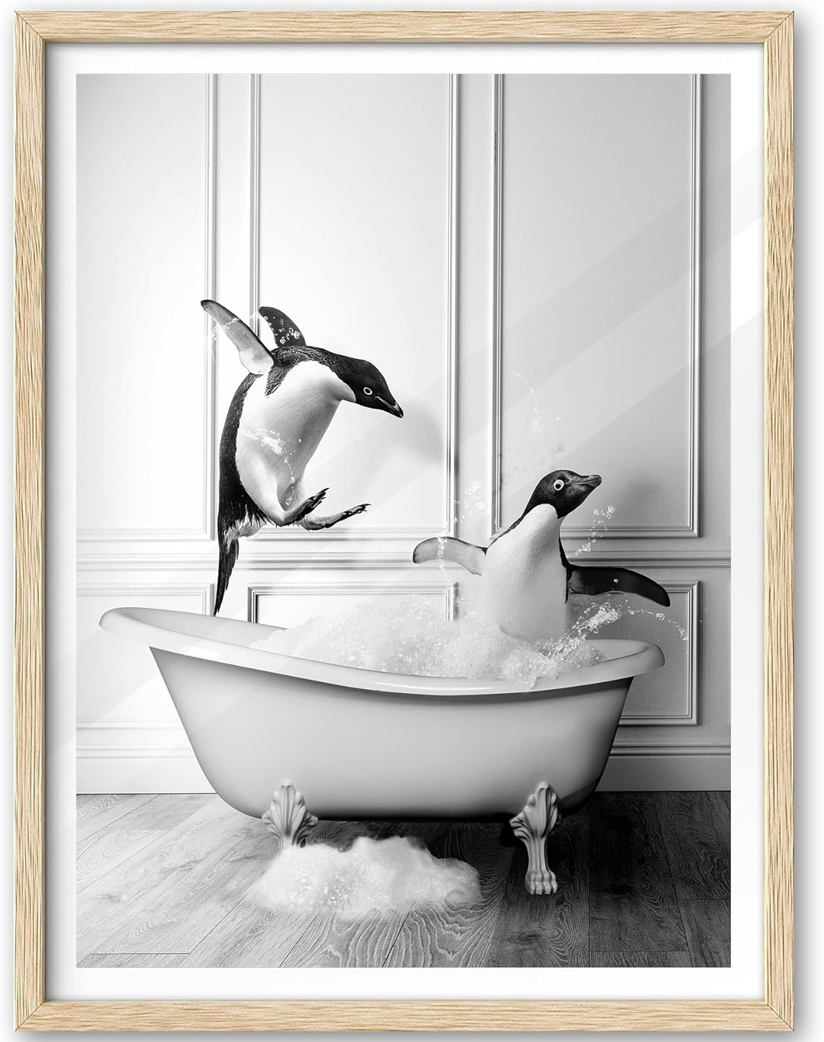 iHery Natural OAK Wood Framed Wall Art, 12x16 in Funny Bathroom Wall Art Decor, Penguin Bathing Animals Canvas Prints, Black and White Wall Decor Pictures For Bedroom Living Room Set of 1