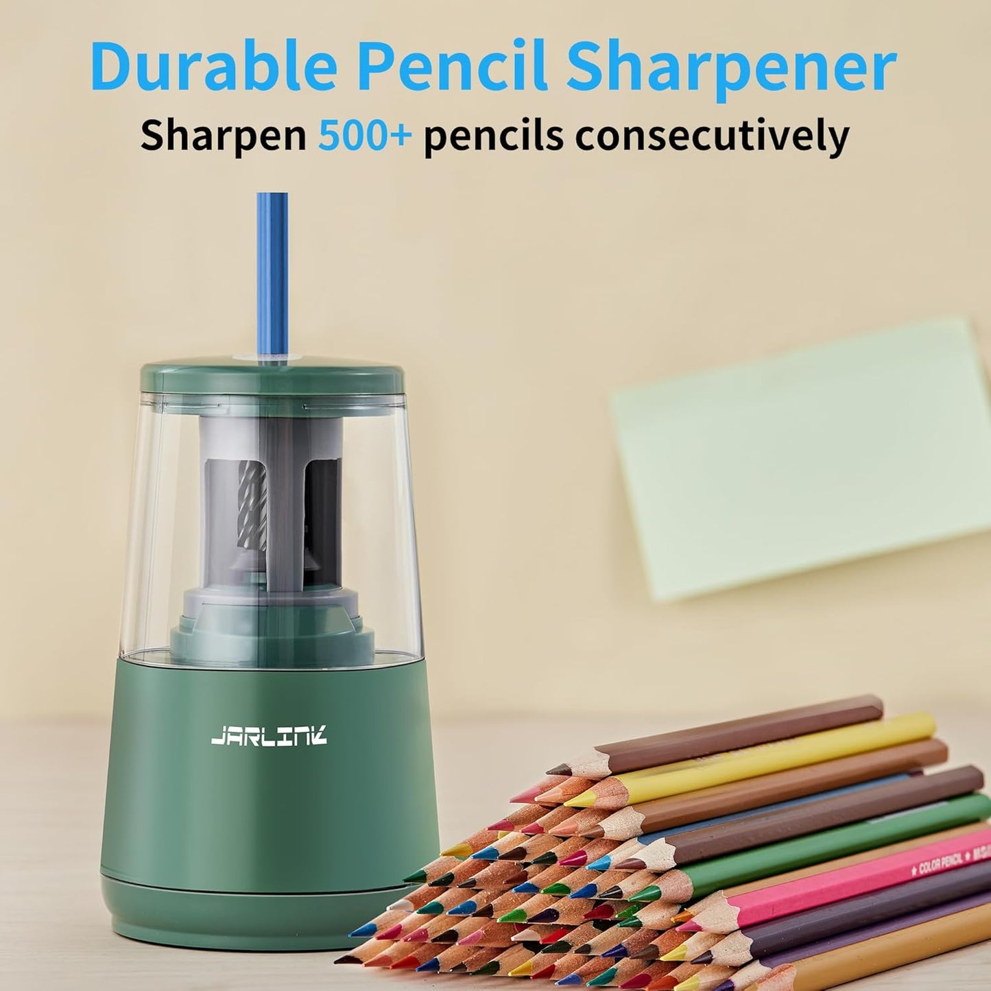 JARLINK Electric Pencil Sharpener, Heavy-Duty Helical Blade to Fast Sharpen, Auto Stop for No.2/Colored Pencils(6-8mm), AC Adapter/Battery Operated in School Classroom/Office/Home (Green)
