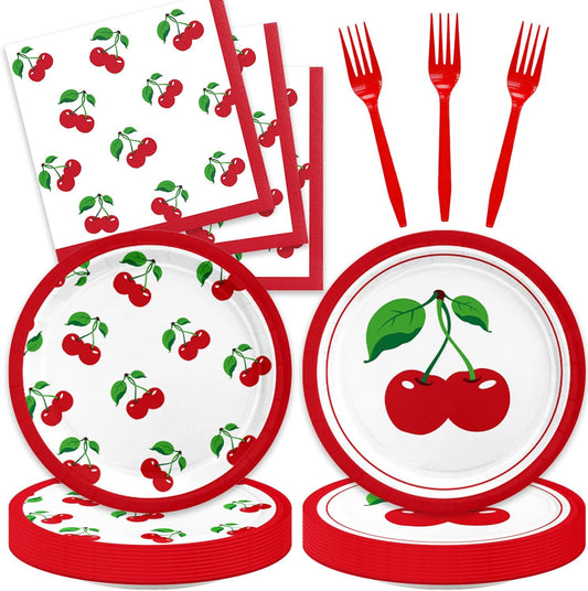 48Pcs Cherry Birthday Decorations Summer Fruit Theme Tableware Set Disposable Plates Napkins Forks Serves 16 Baby Shower Cherry Party Decorations