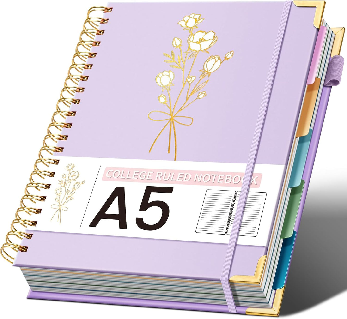 Hardcover Spiral Notebooks 6.1" X 8.4" Note Taking 5 Subject Notebook College Ruled with Dividers 240 Pages 100GSM Aesthetic Spiral Notebook for Work School Cute Journals for Women Writing, Purple