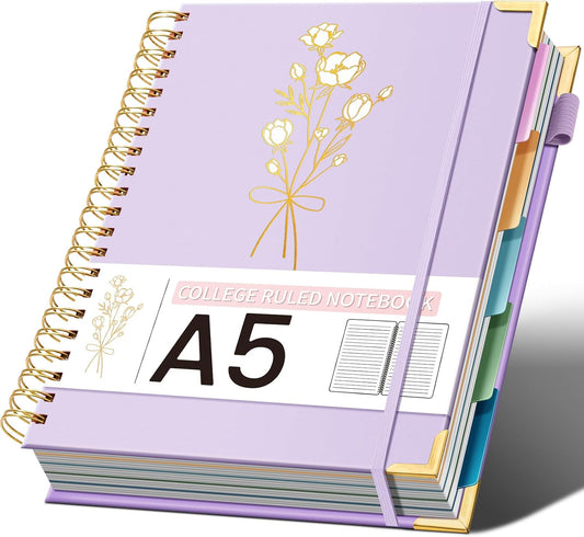 Hardcover Spiral Notebooks 6.1" X 8.4" Note Taking 5 Subject Notebook College Ruled with Dividers 240 Pages 100GSM Aesthetic Spiral Notebook for Work School Cute Journals for Women Writing, Purple