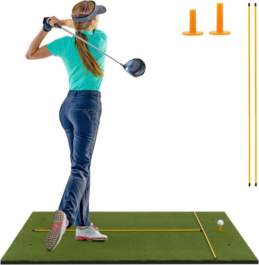 Goplus Golf Mat, 5x3ft/5x4ft Golf Hitting Mat 20/25/27/32mm Thick w/2 Alignment Sticks & 2 Golf Tees, Portable Artificial Turf Grass Training Mat Practice for Indoor Outdoor