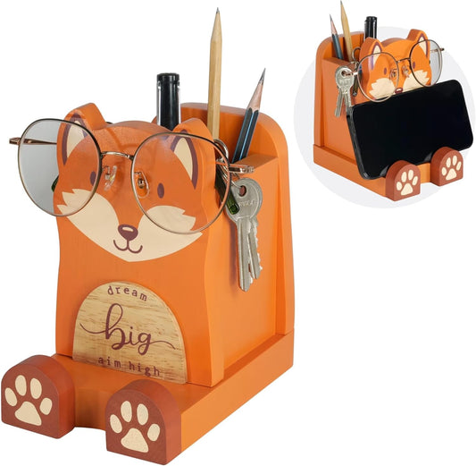 I'm Solid Wood Multipurpose Eyeglass Phone Pen & Pencil Holder Stand Stationery Desk Box Organizer Accessories Decor, Cute Home Office Desktop Decoration Birthday Graduation Gifts Fox Gifts (Fox)