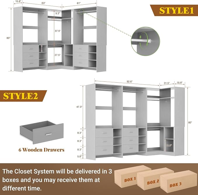 Aheaplus Closet System with 6 Drawers, 4 Hanging Rods & Corner Tower, Corner - Image 7