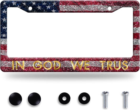 in God We Trust License Plate Frame American Flag License Plate Stainless Steel Funny License Plate Holder Personalized Christian Car Accessory Decoration 12.3" x 6.3"for Men Women