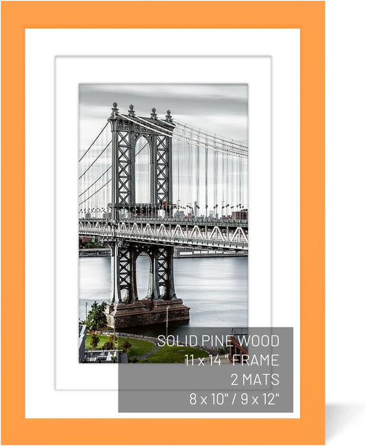 11x14 Solid Wood Picture Frames - Display 9x12 or 8x10 Pictures with or without Mat, Poster Photo Frame Art with 2 Mats for Wall Mounting or Table Top (Orange)