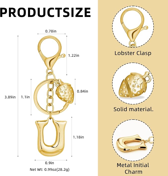 Gold Bubble Heart, Bow & More Designs Letter Initial Keychain Bag Charms – Cute - Image 5