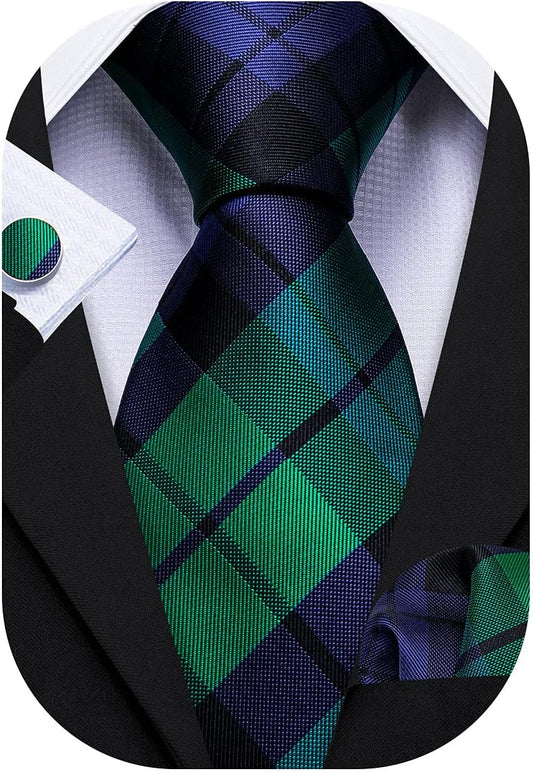 Barry.Wang Designer Classic Ties for Men Set Formal Pocket Square Cufflink Check Plaid