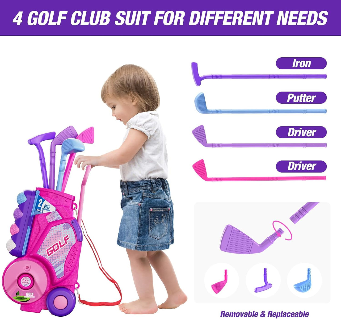 2 in 1 Toddler Golf Set 2-4 Years, Upgraded Kids Plastic Golf Clubs with 12 Balls, Cornhole Board & Putting Mat, Shoulder Strap, Indoor Outdoor Sport Toys Gift for Baby Boys Girls Aged 3-5, Pink