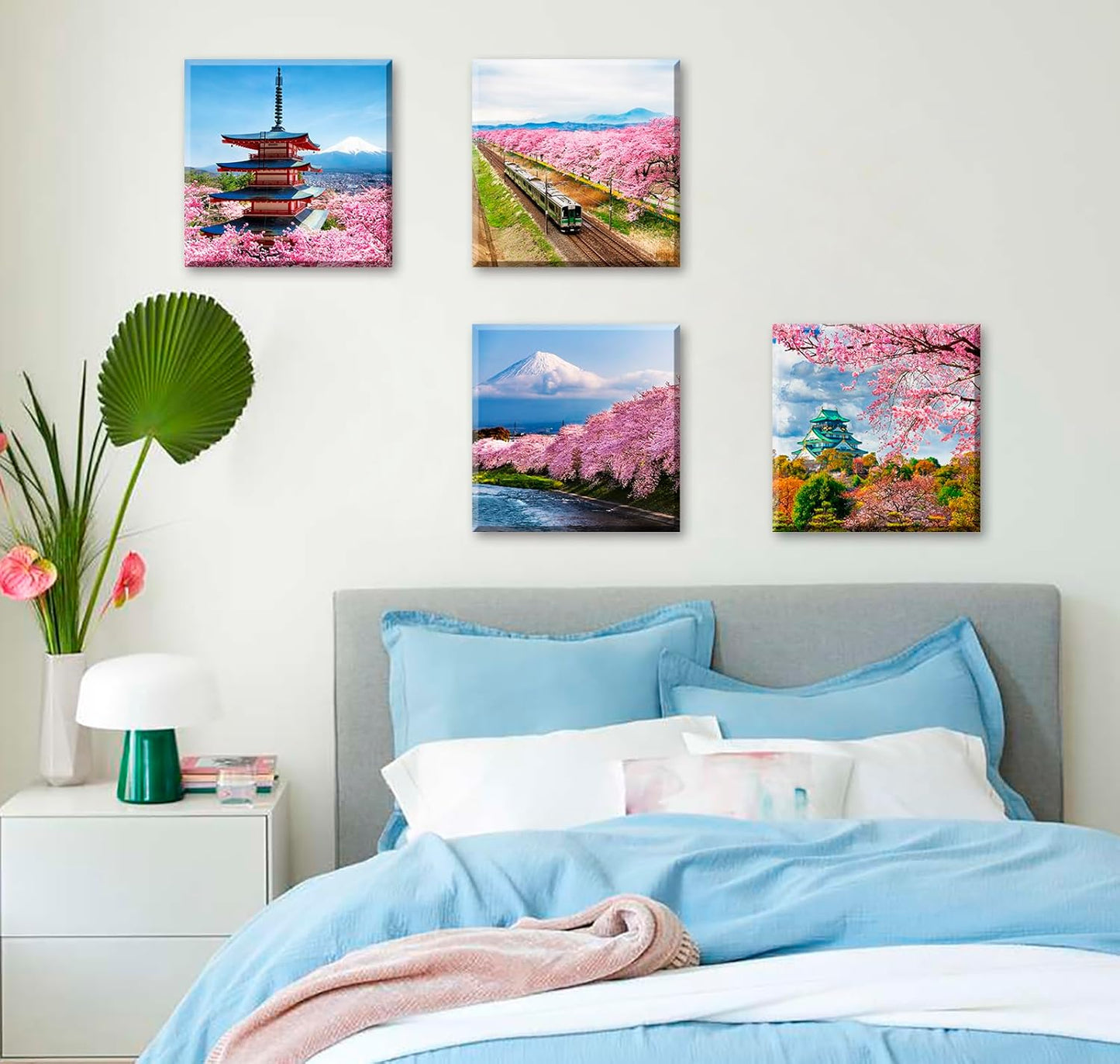 Japanese Cherry Blossom Wall Art - Asian Nature Landscape Romantic Canvas Prints Japanese Mount Fuji Posters Spring Scenery Pictures Modern Artwork for Bedroom Living Room Home Decoration 12"X12"X4