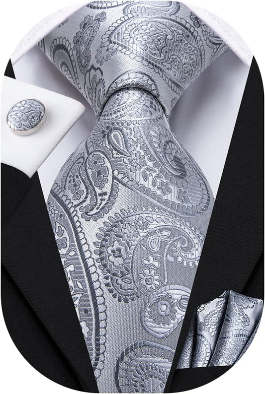 Hi-Tie Men 63inches Tie Set Extra Long Necktie Paisley Tie Pocket Suqare Cufflinks Big and Tall Men Tie
