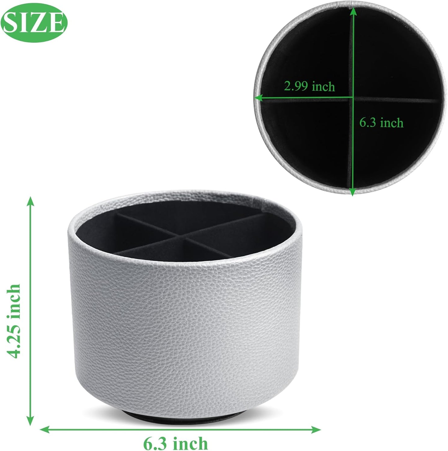 Hennaja Round Leather Art Supply Organizer,Remote Control Holder,360 Degree Spinning,Multi-Functional Pencil Holder,4 Compartments Desktop Stationary Organizer(1-Lichee Silver)