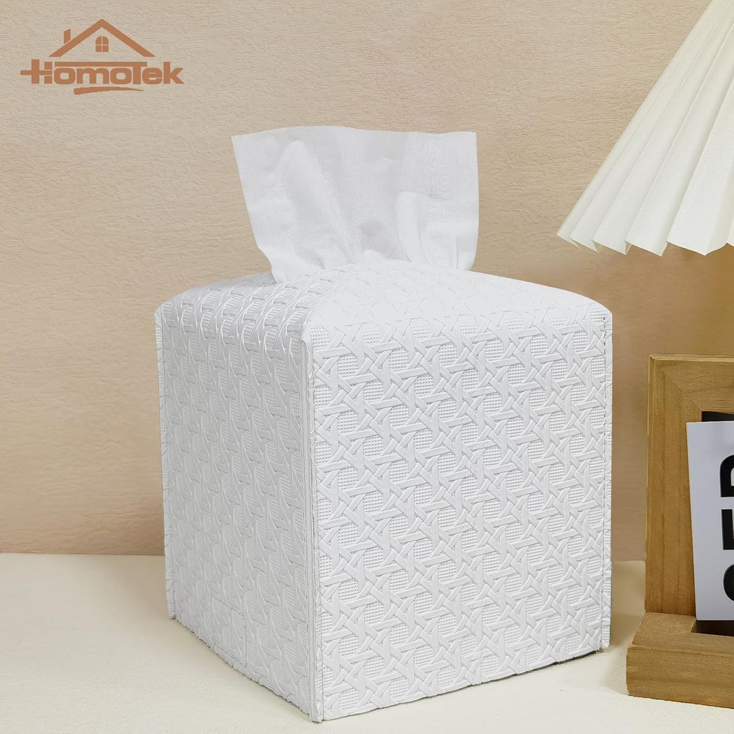 HOMOTEK 2 Pack Tissue Box Cover,PU Leather Tissue Holder,Square Decorative Facial Tissue Cube Paper Organizer Dispenser for Bathroom, Night Stands, Desk, Car 5X5X5'' - Rattan Weave, Pure White
