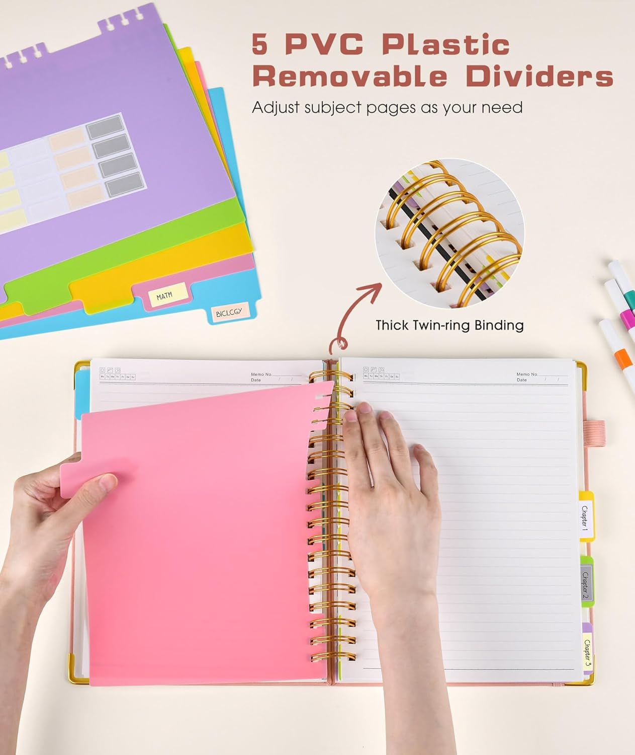 Hardcover Spiral Notebook journal with Removable Dividers Tabs, 300 Pages Leather 5 Subject Notebook College Ruled, 100GMS A5 Notebooks for Work School Note taking,Lined Journal for Women,A5-Pink