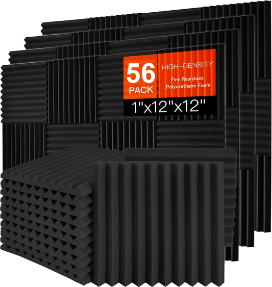 56 Pack Acoustic Foam Panels 1" x 12"x 12" Saiqiang Sound Proof Panels Black Soundproofing for Wall Fire Resistant Wedges Insulation Noise Absorbing for Office Home Studio