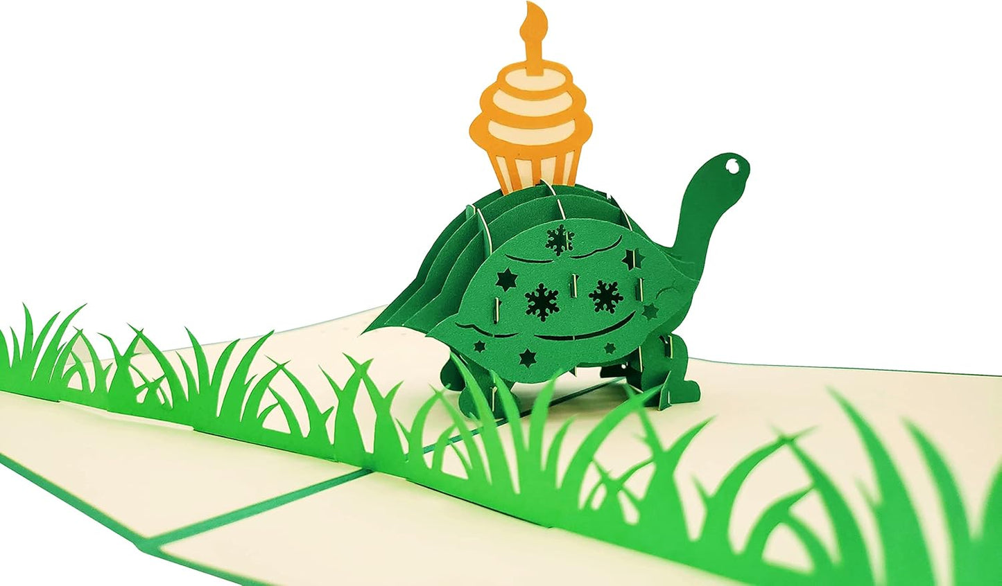 iGifts And Cards Funny Birthday Turtle 3D Pop Up Card – Belated Tortoise With Cupcake, Animal-Themed Greeting, Cute Cake and Candle Surprise, Unique Celebration for Late Birthdays, 5" x 7"
