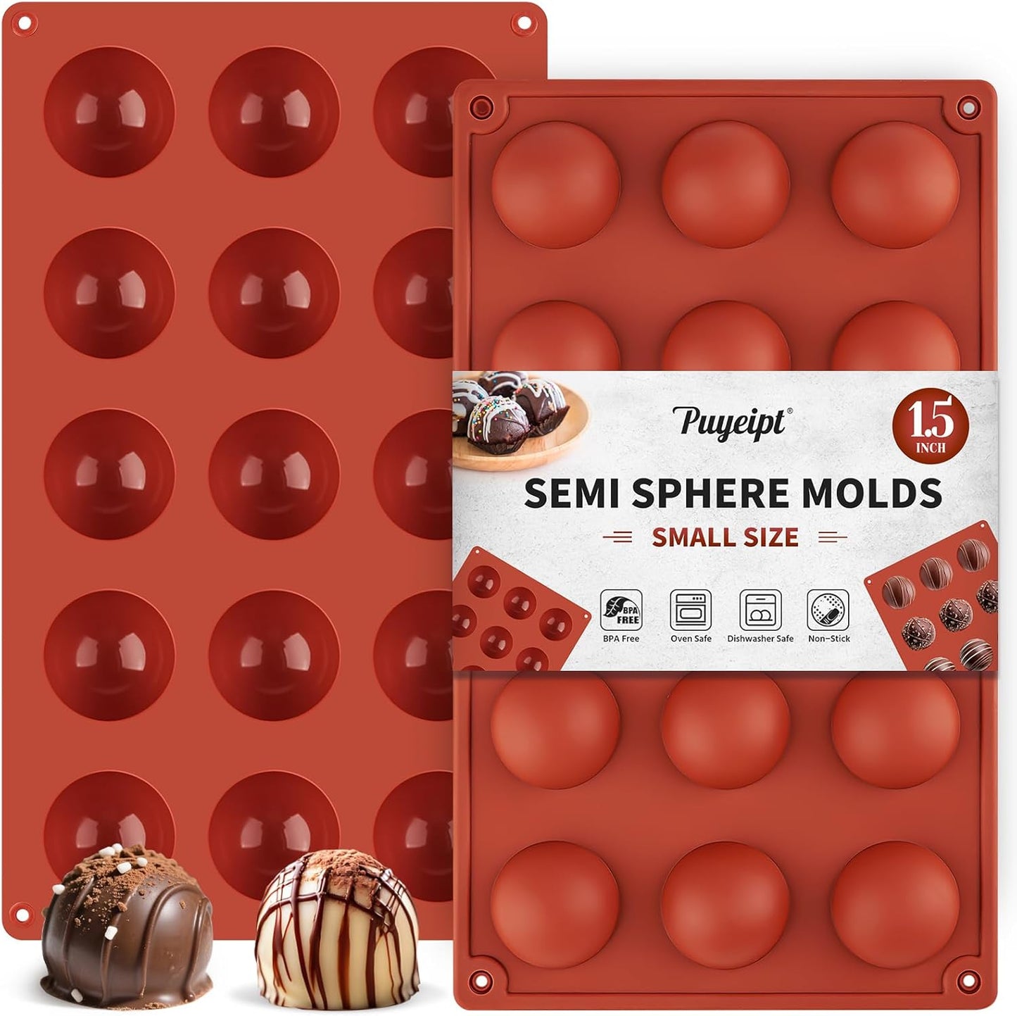 2 Pack Semi Sphere Silicone Molds, 1.5 Inch Hot Chocolate Bomb Molds 15 Cavity Half Sphere Silicone Baking Molds for Chocolate, Cake, Jelly, Dome Mousse