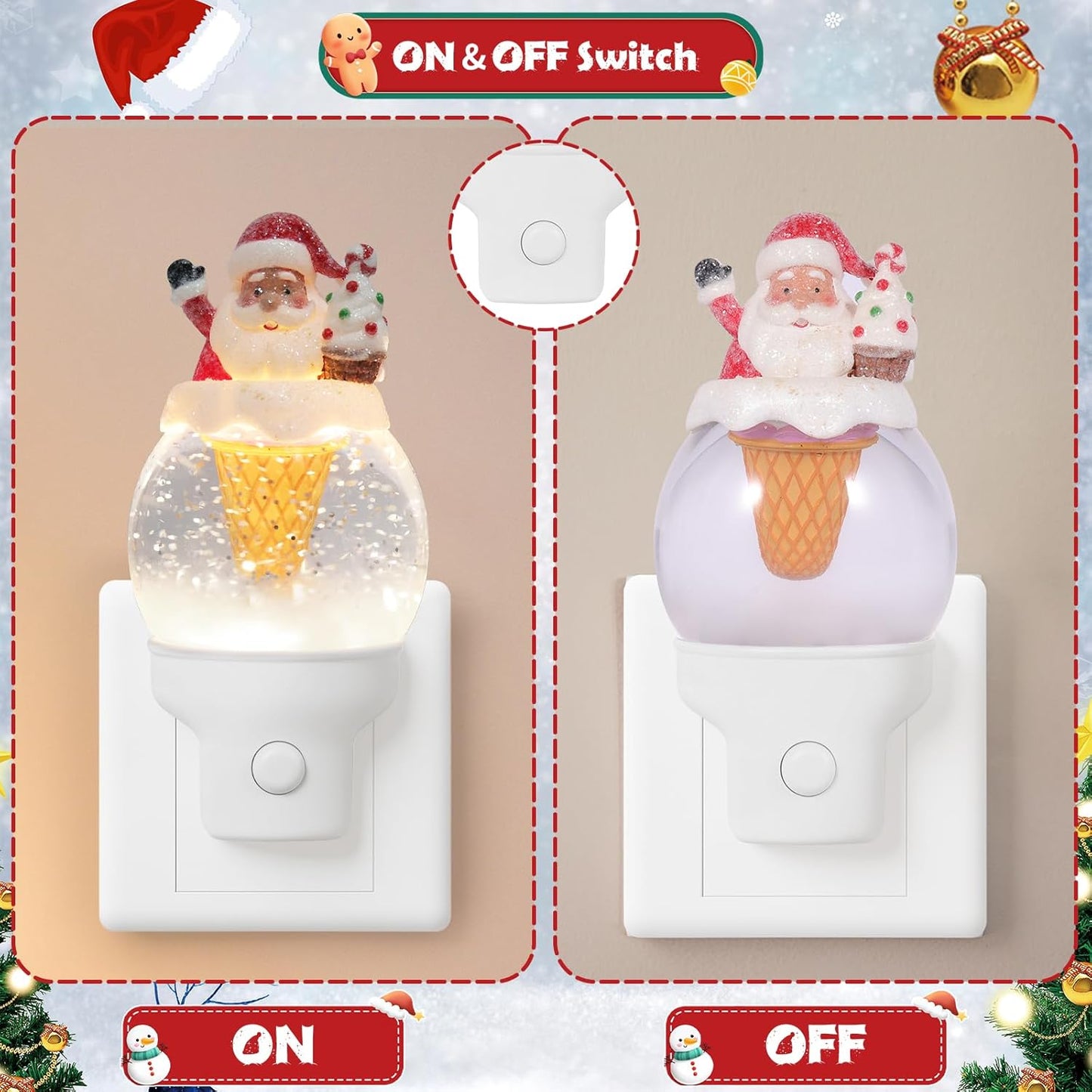 2 Pack Christmas Santa Night Light Plug into Wall Glitter Water Nightlight with USB/Outlet Options, Christmas Decorative Nightlight for Bedroom Kitchen Holiday Decorations Gifts (Santa Ice Cream)