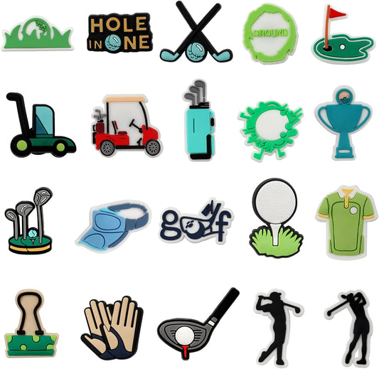 Golf Theme Shoe Decoration Charms, 20PCS Golf Clubs Golf Ball Shoe Charms for Golfers Golf Lover, PVC Shoe Charm Accessories for Shoe Wristband Decorations Party Favors Gifts