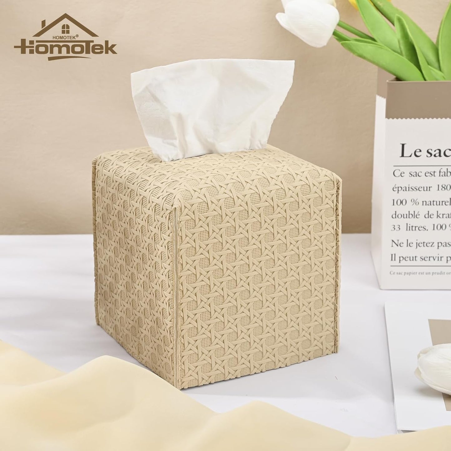 HOMOTEK 2 Pack Tissue Box Cover, Square PU Leather Tissue Holder, Decorative Facial Tissue Cube Paper Organizer Dispenser for Bathroom, Night Stands, Desk, Car 5X5X5'' - Rattan Weave,Beige
