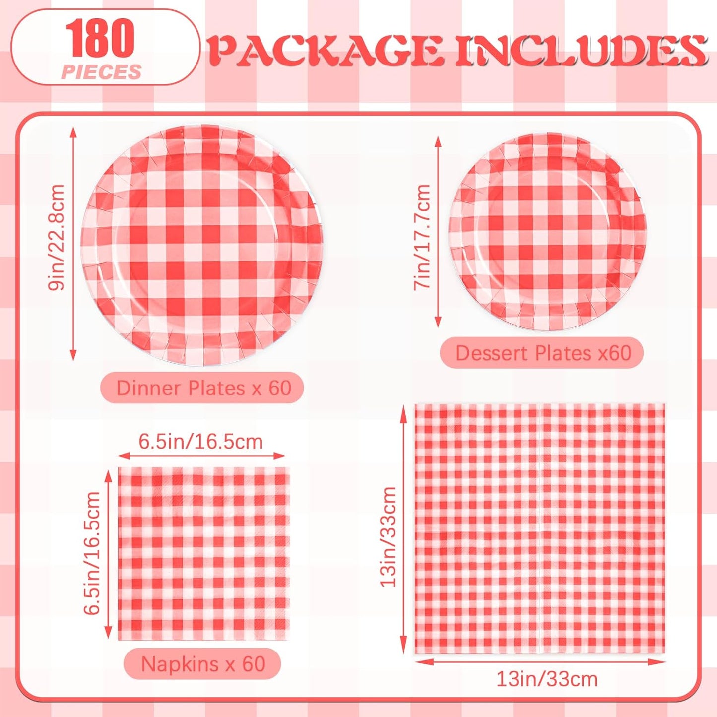 180Pcs Red Gingham Party Supplies Paper Plates and Napkins Serve 60 Disposable Tableware Set for Birthday Party Decorations Game Day Family School Holiday Sports Events