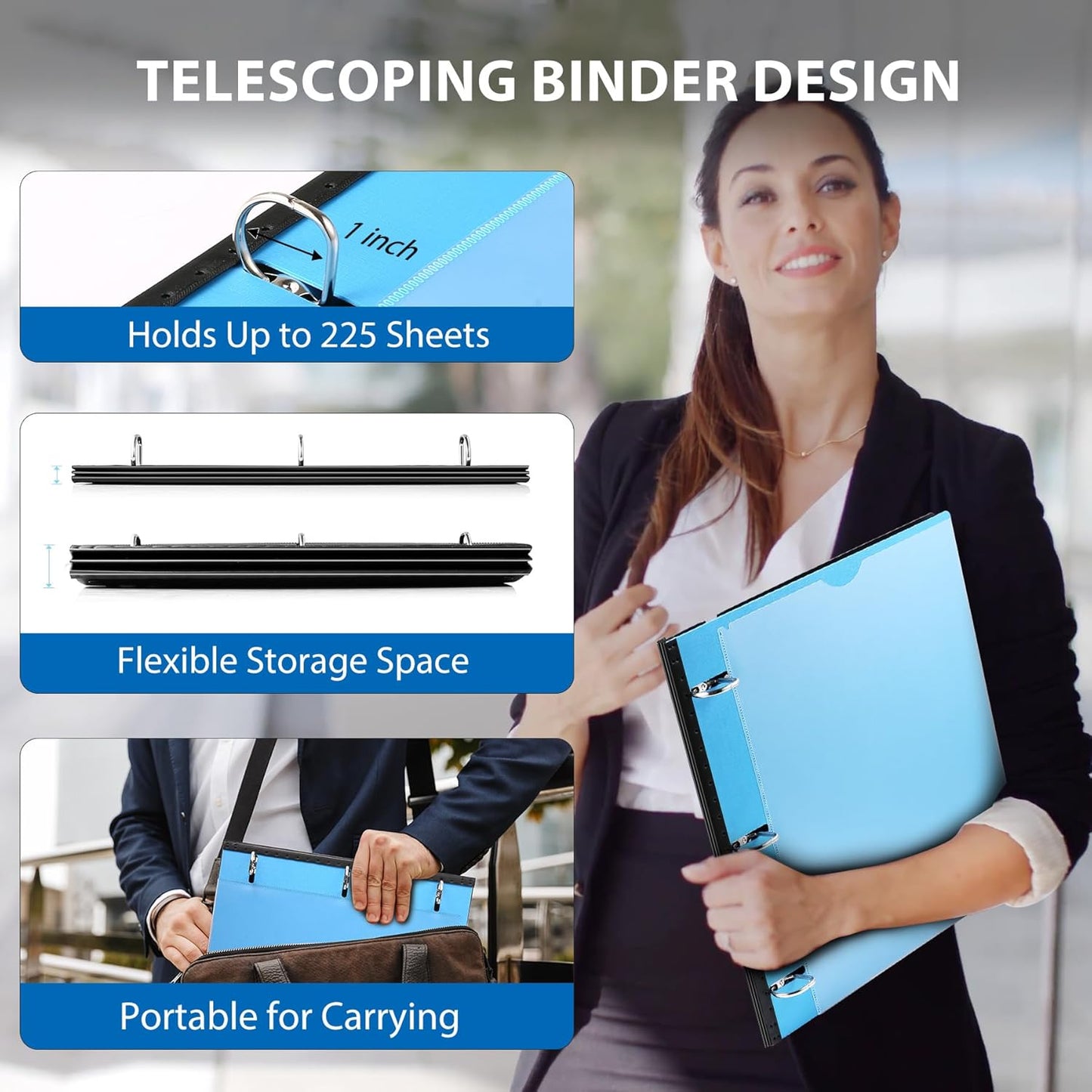 1 Inch Telescoping 3 Ring Binder-4PCS, Flexible Binder with Customized Front Cover, Holds 225 Sheets, School Office Supplies, 4 Colors