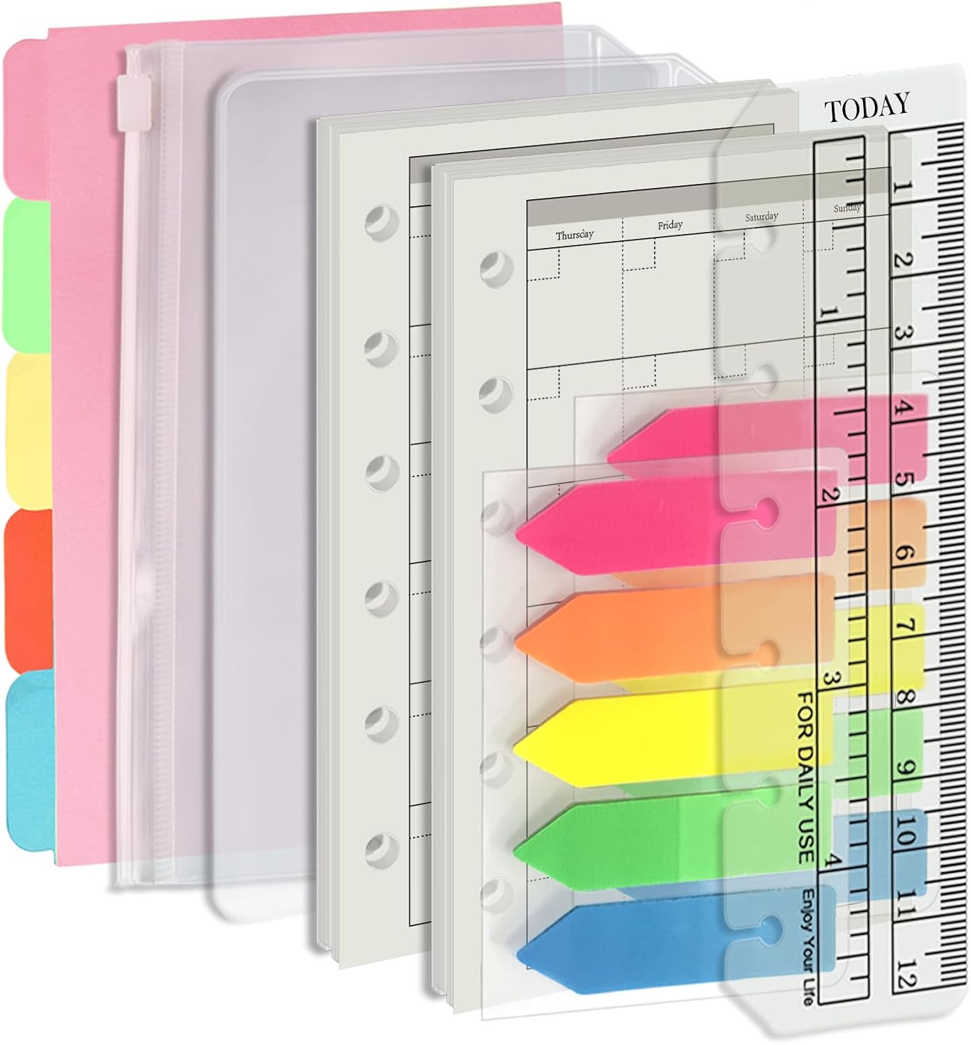 Harphia A7 6 Holes Binder Refill Value Set, 90sheets monthly plan loose leaf paper with stickers and dividers, planner insert with binder pockets for A7 binder 6 holes refillable notebook,005dA7month
